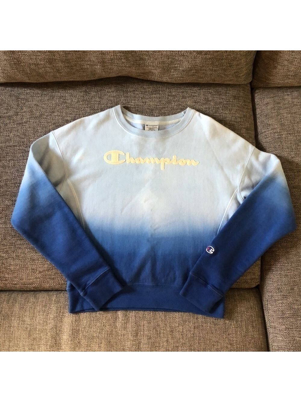 CHAMPION Reverse Weave Blue Dip Dye Script Ombre Crewneck Pullover Sweatshirt S